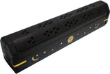 New Age Carved Coffin Celestial Brass Inlay Ash Catcher Incense Stick & Cone Holder [Black]