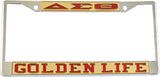 Delta Sigma Theta Golden Life License Plate Frame [Silver Standard Frame - Gold/Red]