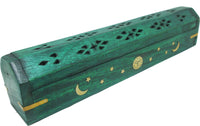 New Age Carved Coffin Celestial Brass Inlay Ash Catcher Incense Stick & Cone Holder [Green]