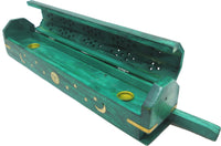 New Age Carved Coffin Celestial Brass Inlay Ash Catcher Incense Stick & Cone Holder [Green]