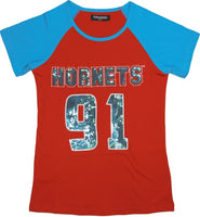 Big Boy Delaware State Hornets Ladies Sequins Patch Tee [Red]