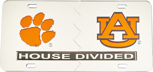 Clemson + Auburn House Divided Split License Plate Tag [Silver/Silver]