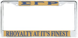 Sigma Gamma Rho Rhoyalty At It's Finest License Plate Frame [Silver Standard Frame - Gold/Blue]