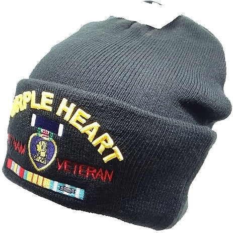 Vietnam Veteran Purple Heart Mens Cuffed Beanie Cap [Black]