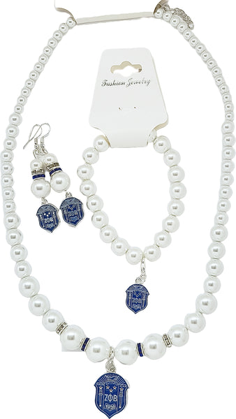 Zeta Phi Beta Crest Charm Pearl Bracelet Earrings & Necklace Set [White]