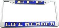 Sigma Gamma Rho Life Member License Plate Frame [Silver Standard Frame - Blue/Gold]