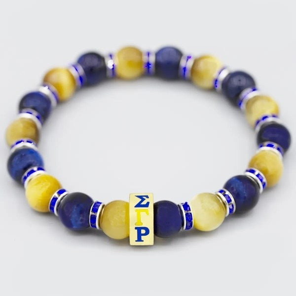 Sigma Gamma Rho Stone Tiger Eye Bead Bracelet With Stainless Steel Charm [Blue/Gold]